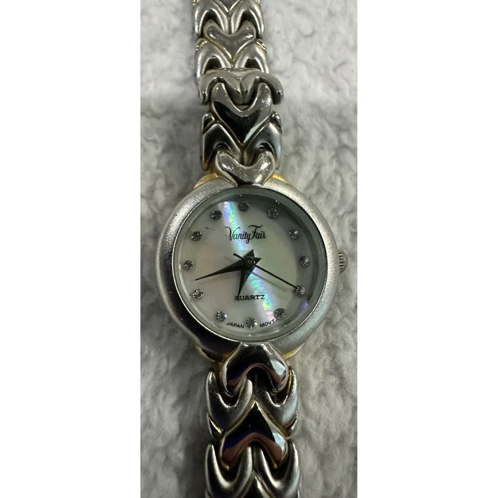 Womens Pearl Dial Vanity Fair VFW535 Quartz Silver Tone Band W/Gold Accent Watch